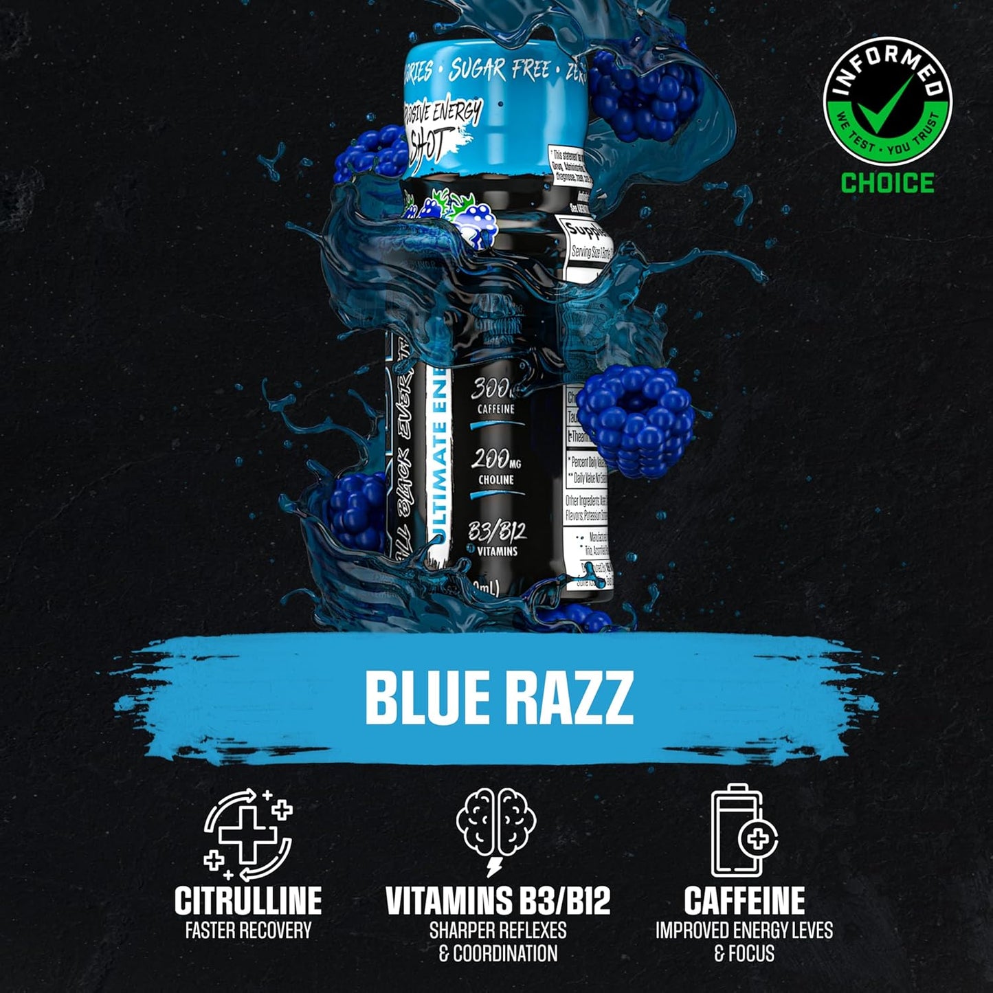 All Black Everything Energy Shots - Blue Razz, 300mg Caffeine, Zero Sugar (12 Pack)