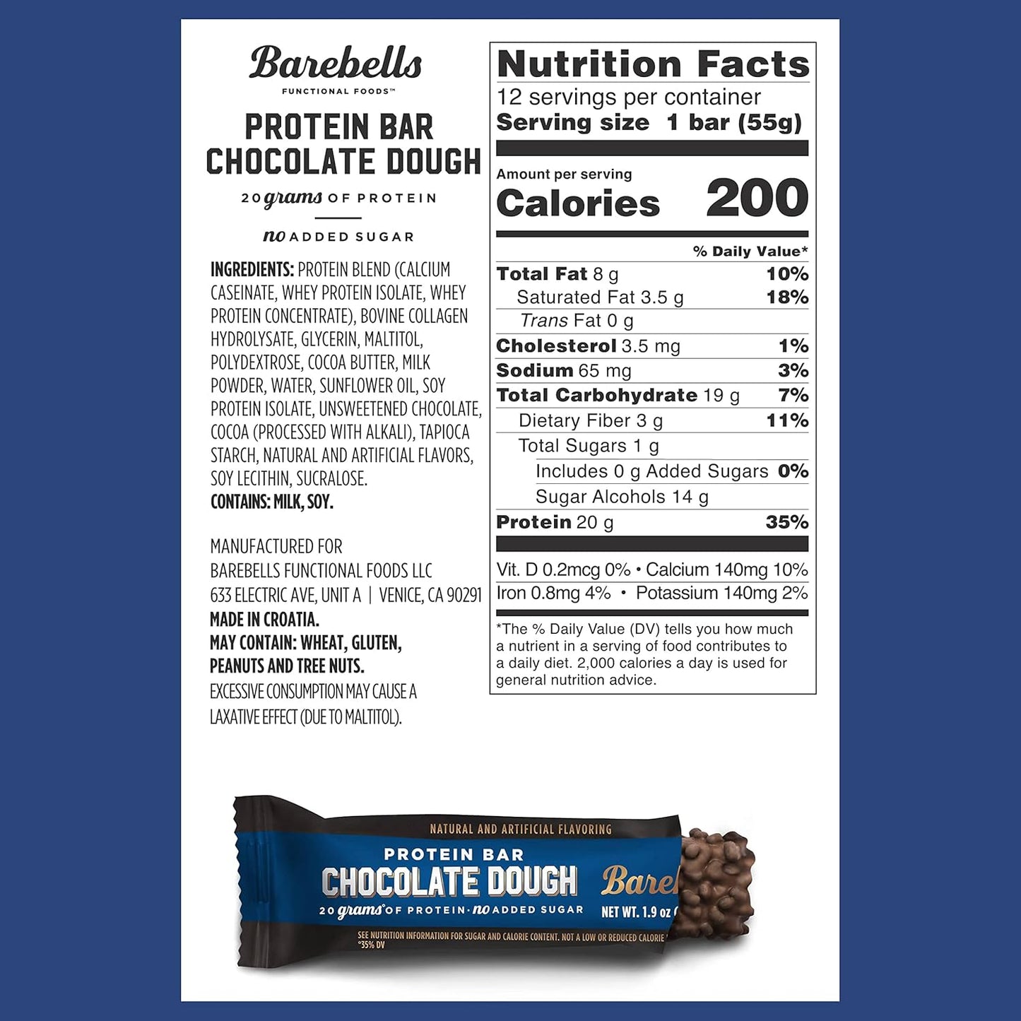 Barebells Chocolate Dough Protein Bars, 20g Protein, 1g Sugar (12 Pack, 1.9oz)