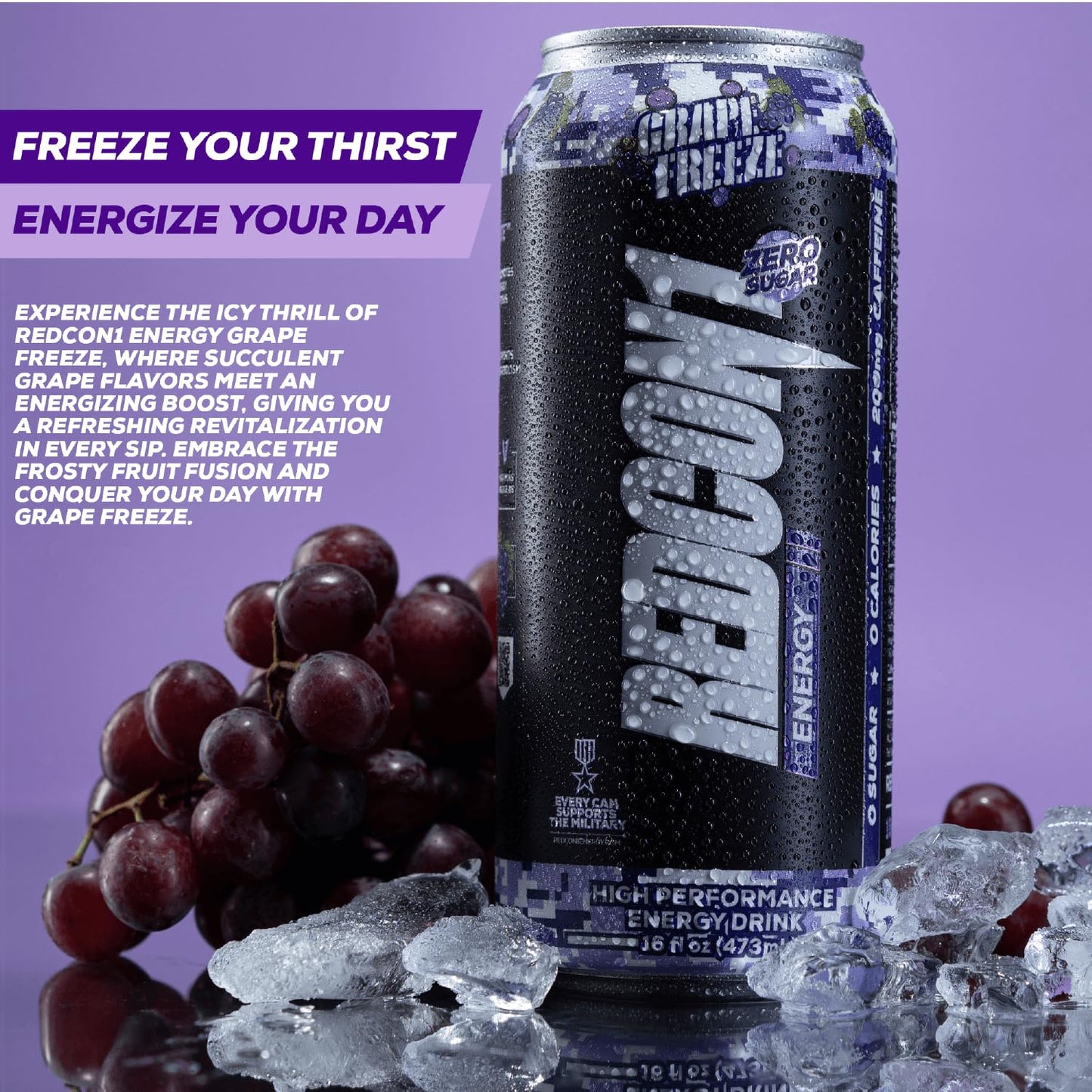 REDCON1 Energy Drink, Grape Freeze - Zero Sugar, 200mg Caffeine (12 ct)