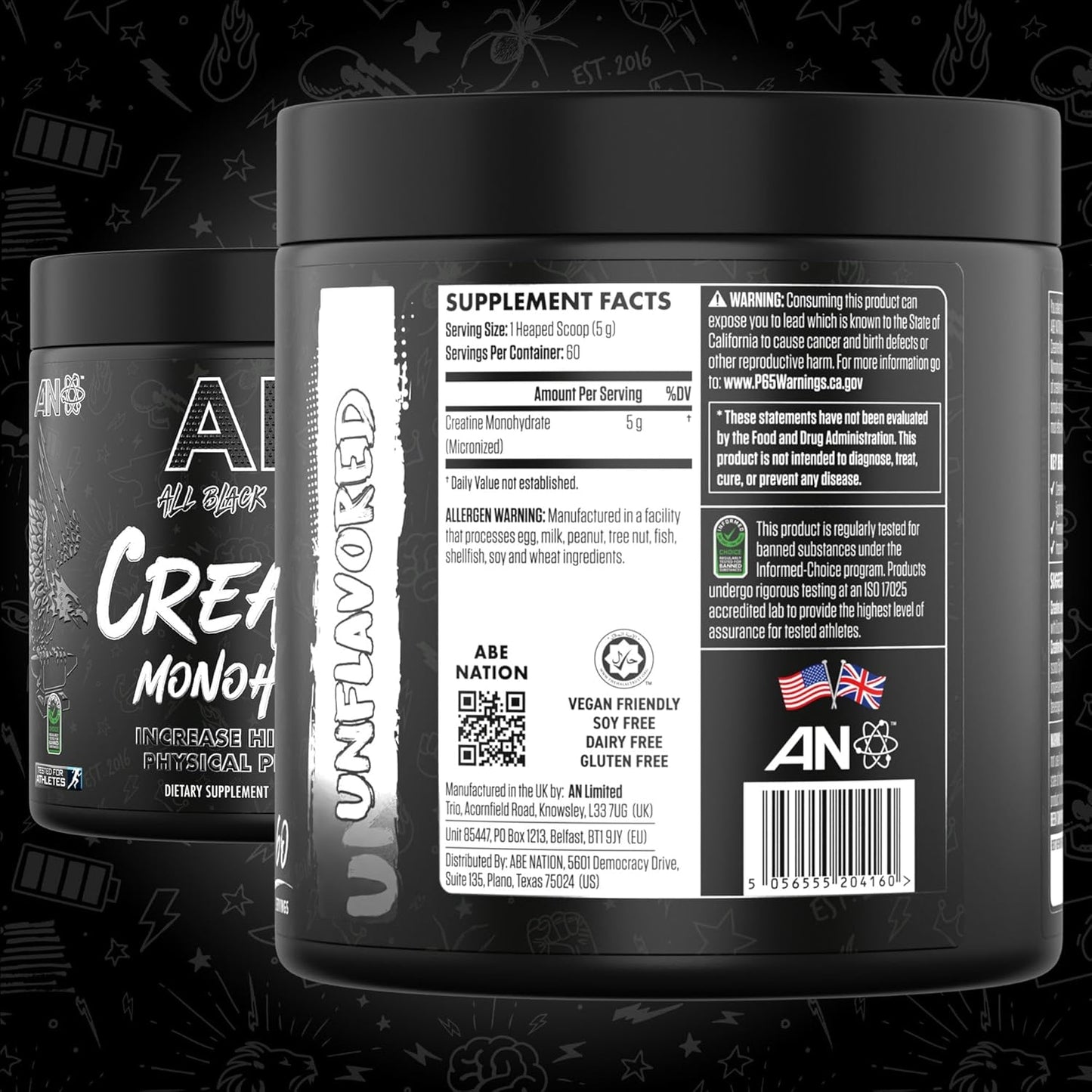 All Black Everything Creatine Monohydrate, Unflavored, Muscle Support (60 Servings)