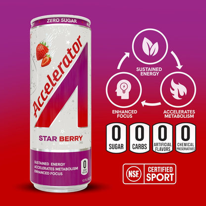 Accelerator Star Berry Energy Drink, Sugar Free, NSF, Focus & Metabolism (12x12oz)