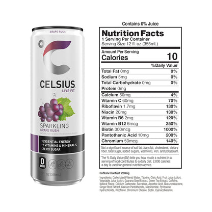 CELSIUS Sparkling Grape Rush, Functional Essential Energy Drink 12 Fl Oz (Pack of 12)