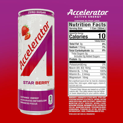 Accelerator Star Berry Energy Drink, Sugar Free, NSF, Focus & Metabolism (12x12oz)