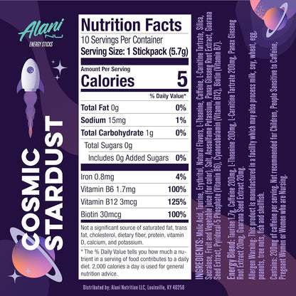 Alani Nu Cosmic Stardust Energy Sticks, Pre-Workout with Biotin, B Vitamins (10 Pack, Zero Sugar, 5 Calories)