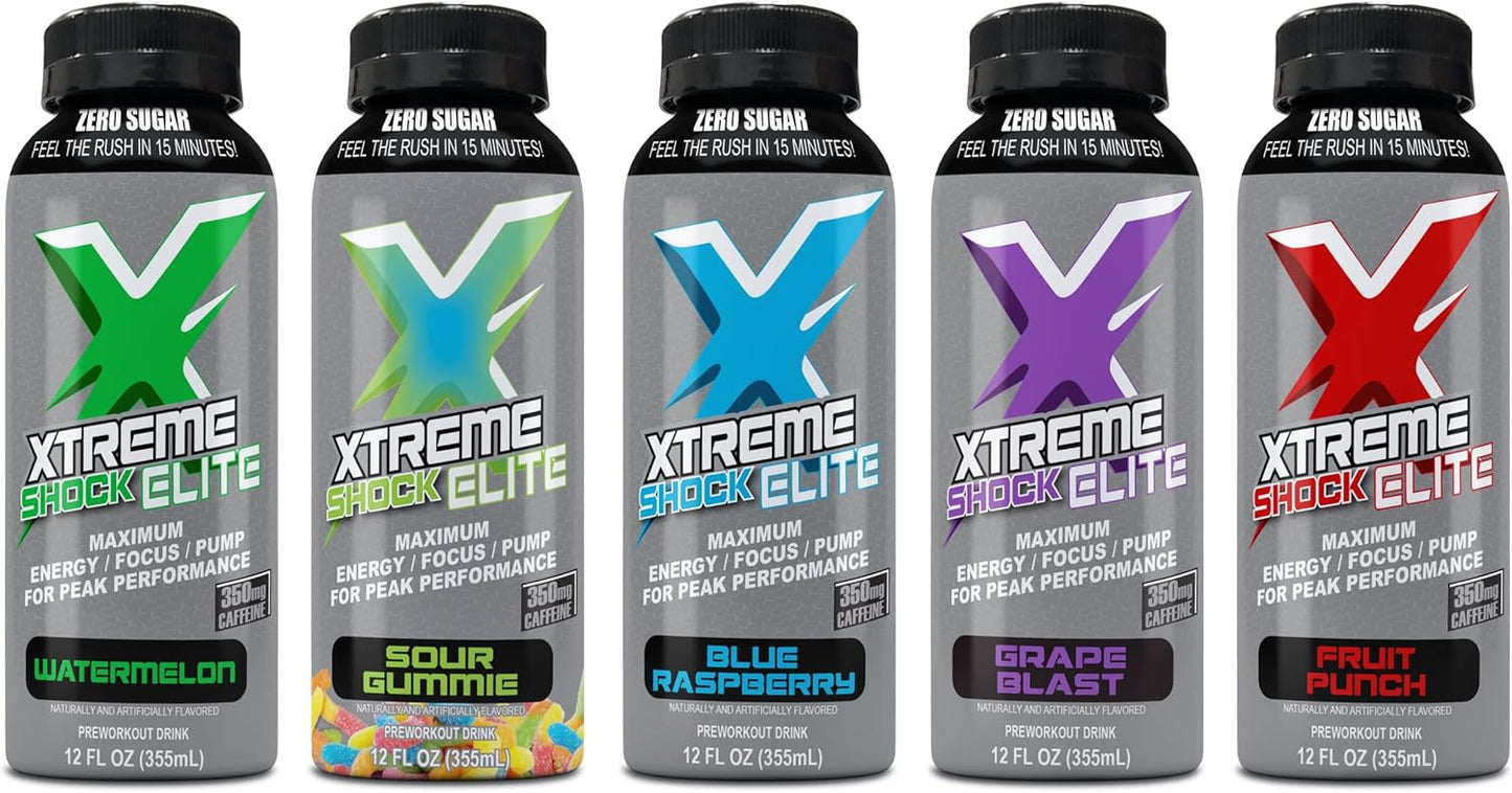 Xtreme Shock Elite Energy Drink, 350mg Caffeine, Zero Sugar (16oz, 12pk, Sour Gummie)