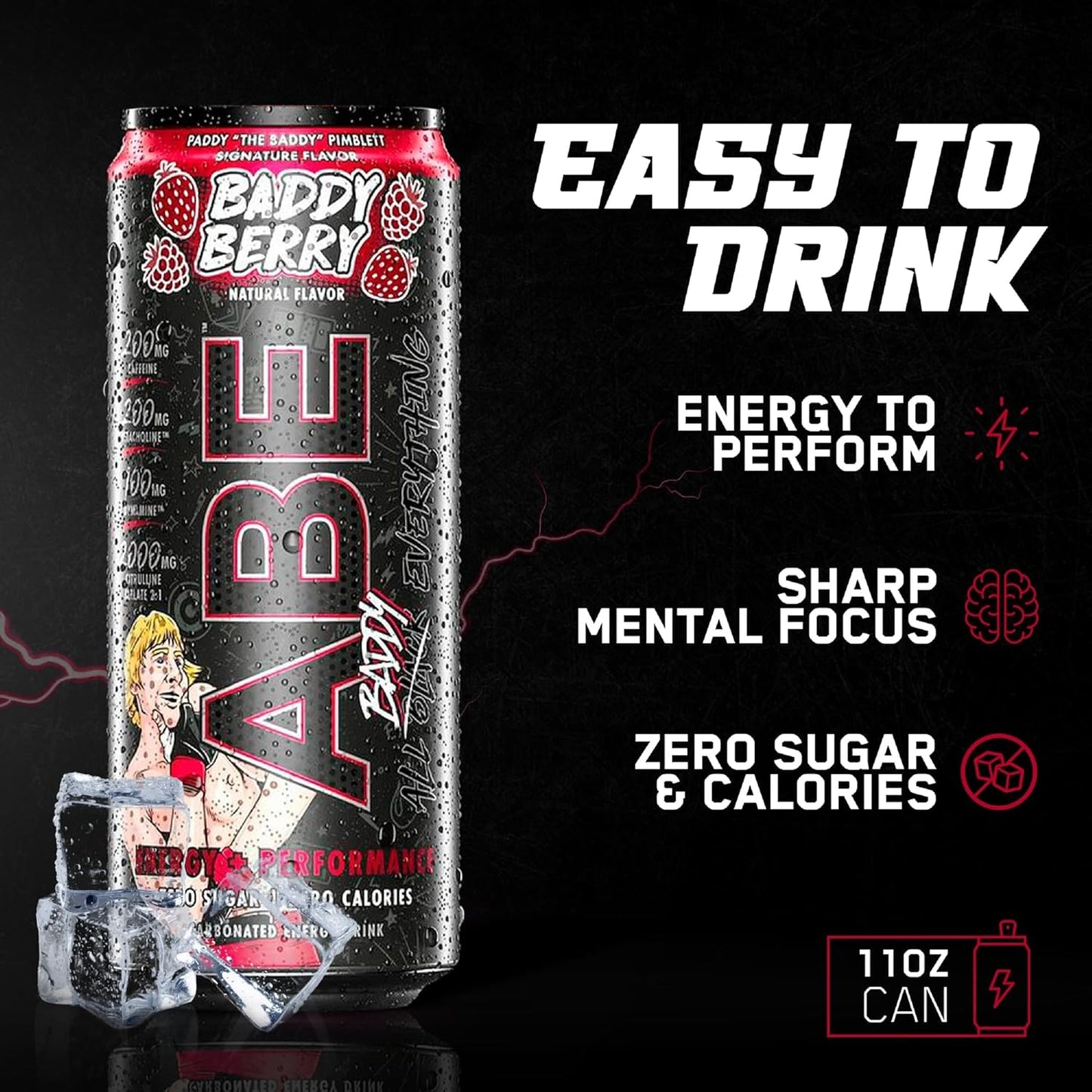 Baddy Berry Sugar-Free Energy Drink, 0 Cal, 200mg Caffeine, Pre-Workout (12 Pack)