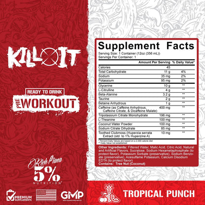 5% Nutrition Kill It Pre-Workout Energy Drink (12 Pack, Tropical Punch, 400mg Caffeine)