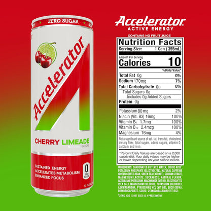 Accelerator Cherry Limeade Energy Drink, Sugar Free, NSF Certified (12 Pack)