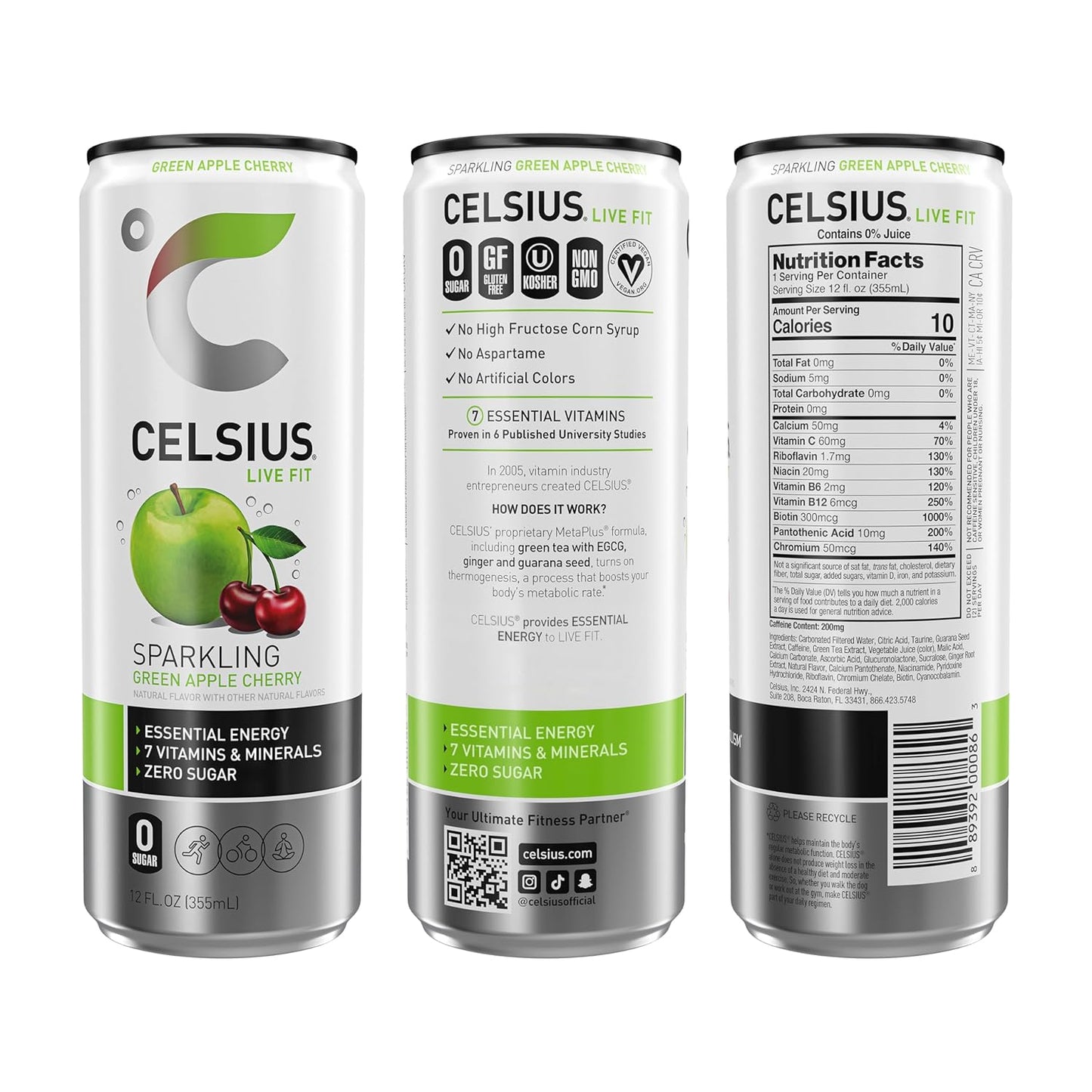 CELSIUS Sparkling Green Apple Cherry Energy Drink (12 Fl Oz, Pack of 12)