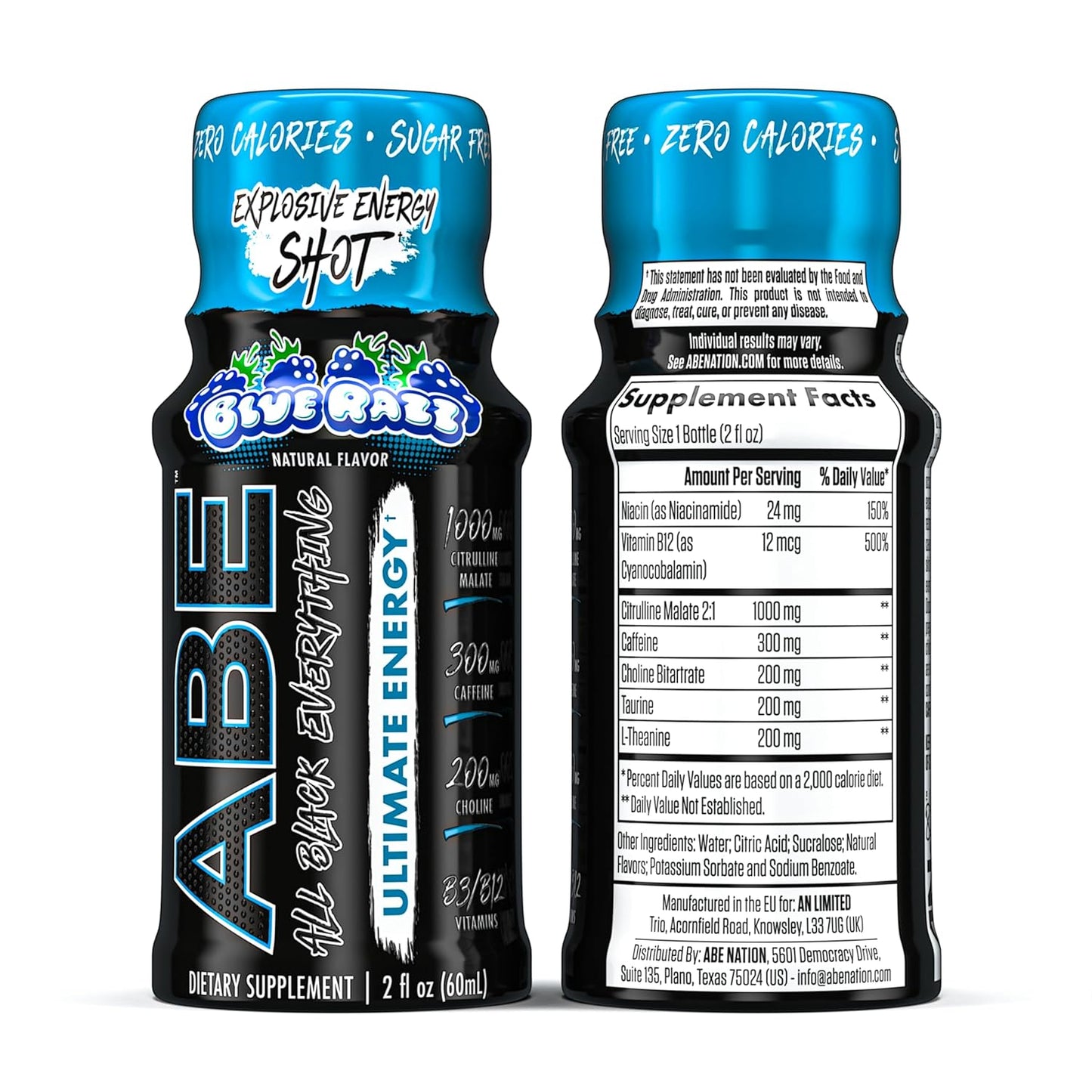 All Black Everything Energy Shots - Blue Razz, 300mg Caffeine, Zero Sugar (12 Pack)