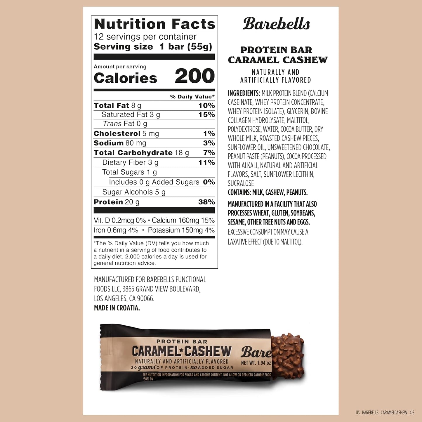 Barebells Caramel Cashew Protein Bars, 20g Protein, Low Sugar (12ct, 1.9oz)