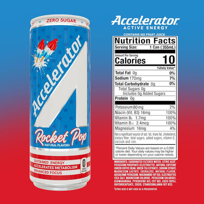 Accelerator Rocket Pop Energy Drink, Sugar Free, Focus & Metabolism Boost (12 Pack)