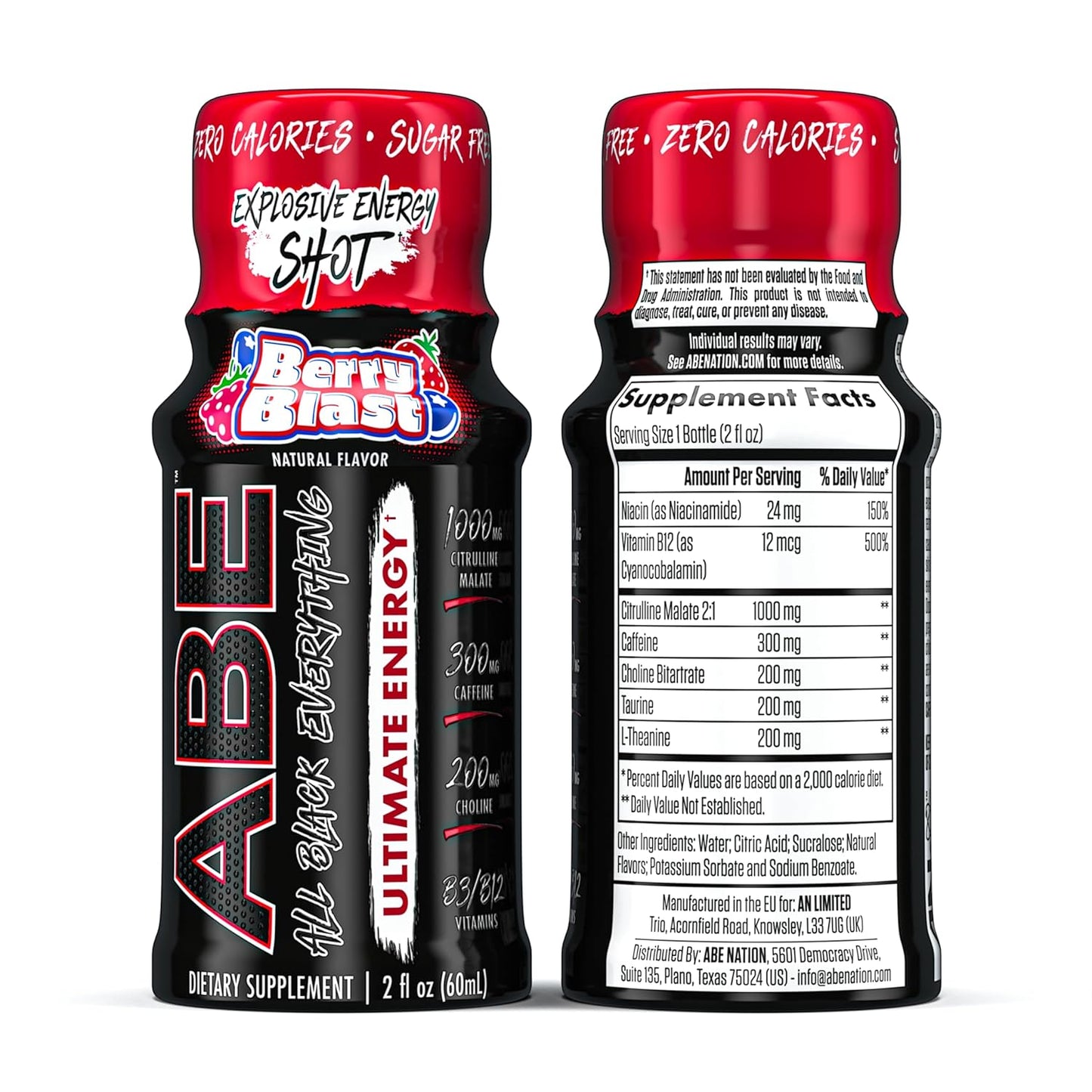 All Black Everything Energy Shots - Berry Blast, 300mg Caffeine, Zero Sugar (12 Pack)