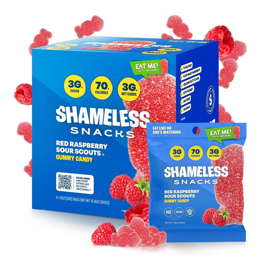 Shameless Snacks - Red Raspberry Sour Scouts, Low Calorie Keto Gummies (Gluten Free, 6 Pack)