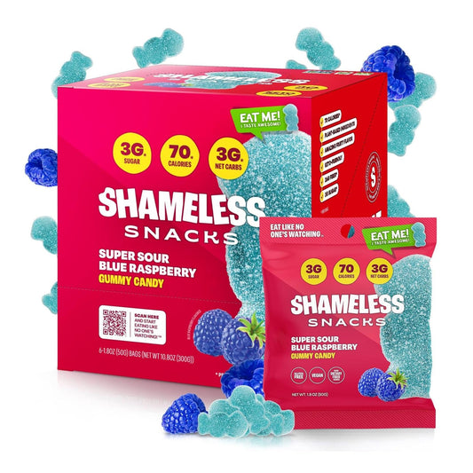 Shameless Snacks Keto Gummies, Sour Blue Raspberry (6 Pack, Gluten-Free)