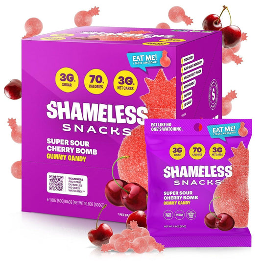 Shameless Snacks - Low Calorie, Low Carb Keto Sour Cherry Gummies (Gluten Free, 6 Pack)