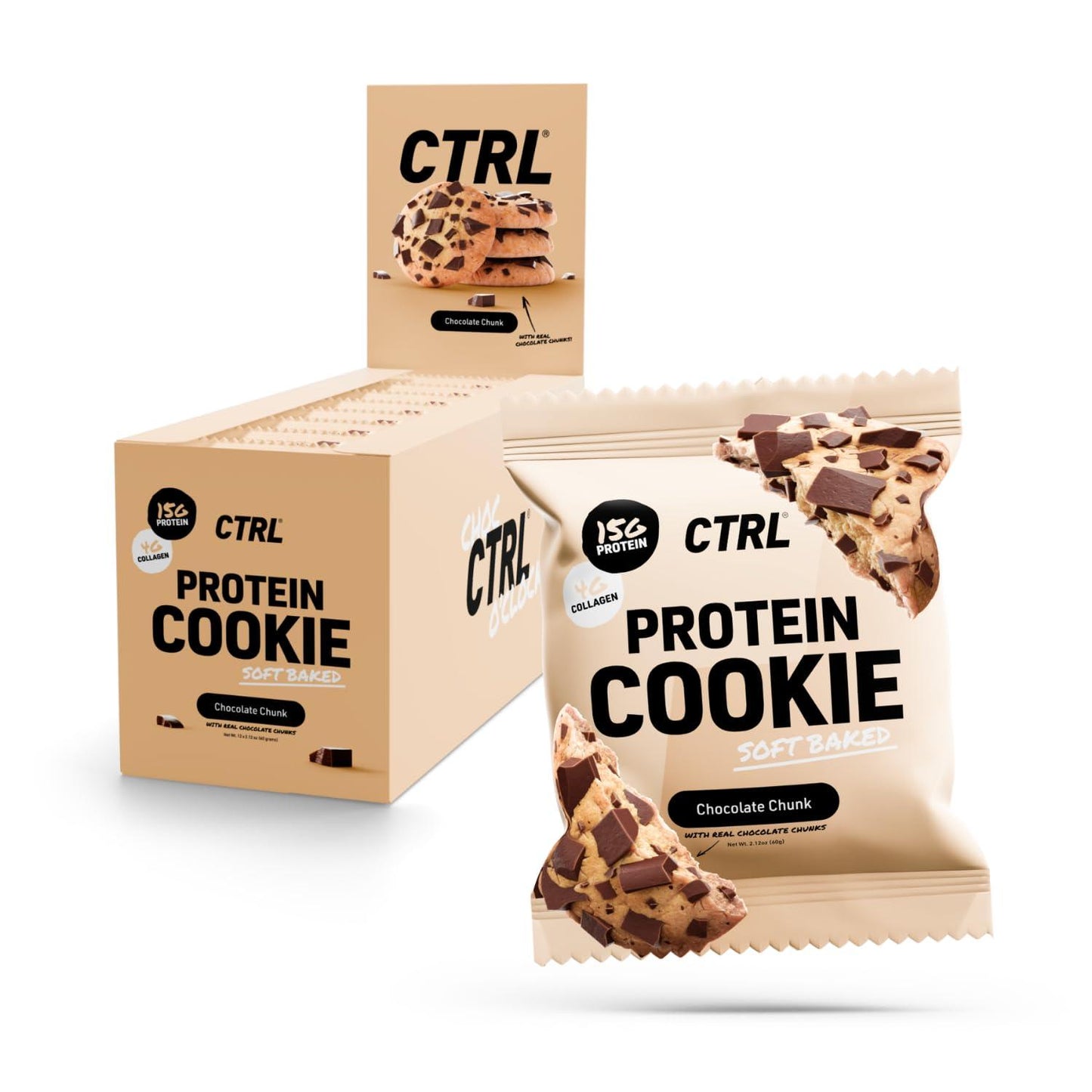 CTRL Soft Baked Chocolate Chunk Protein Cookies (12 Pack, 15g Protein, 4g Collagen & Fiber)