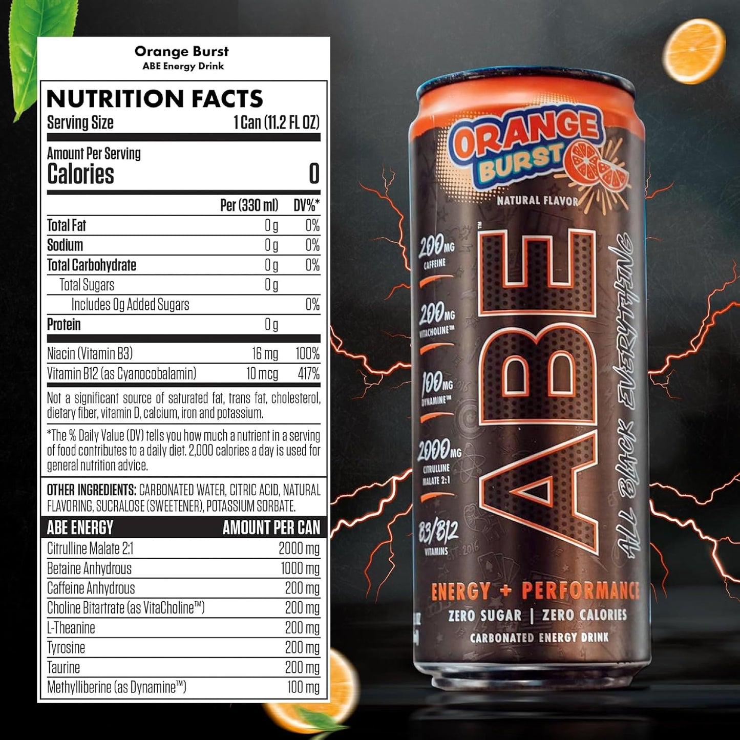 Black Everything Sugar-Free Energy Drink, Orange Burst, 0 Cal (12 Pack, 200mg Caffeine)