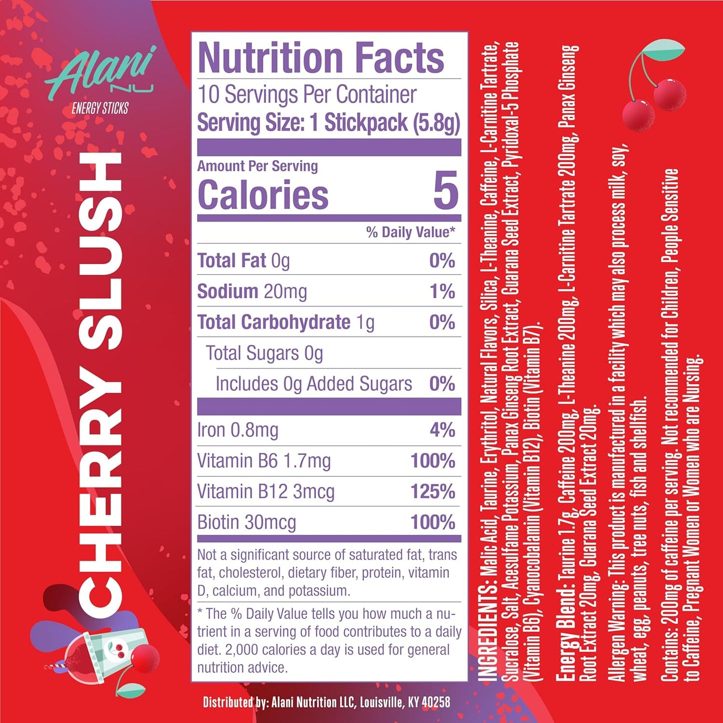 Alani Nu Cherry Slush Energy Sticks, Zero Sugar, 200mg Caffeine (10 Pack)