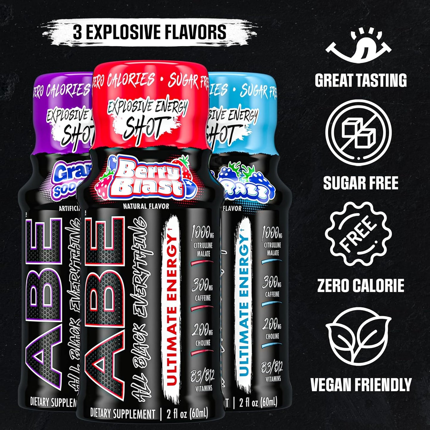 All Black Everything Energy Shots - Berry Blast, 300mg Caffeine, Zero Sugar (12 Pack)