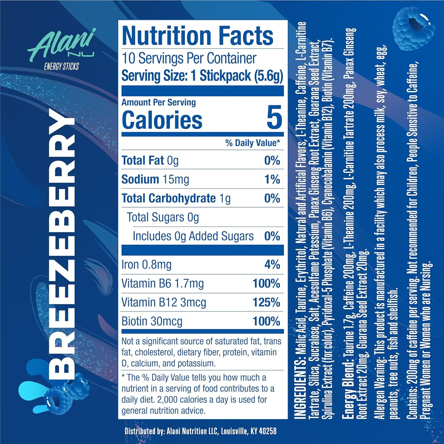 Alani Nu BREEZEBERRY Energy Drink Powder, 200mg Caffeine, Zero Sugar (10 Pack)