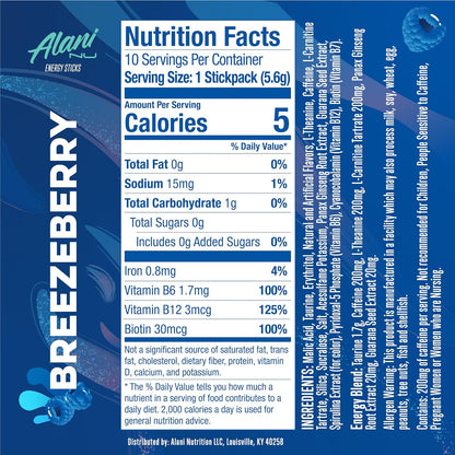 Alani Nu BREEZEBERRY Energy Drink Powder, 200mg Caffeine, Zero Sugar (10 Pack)