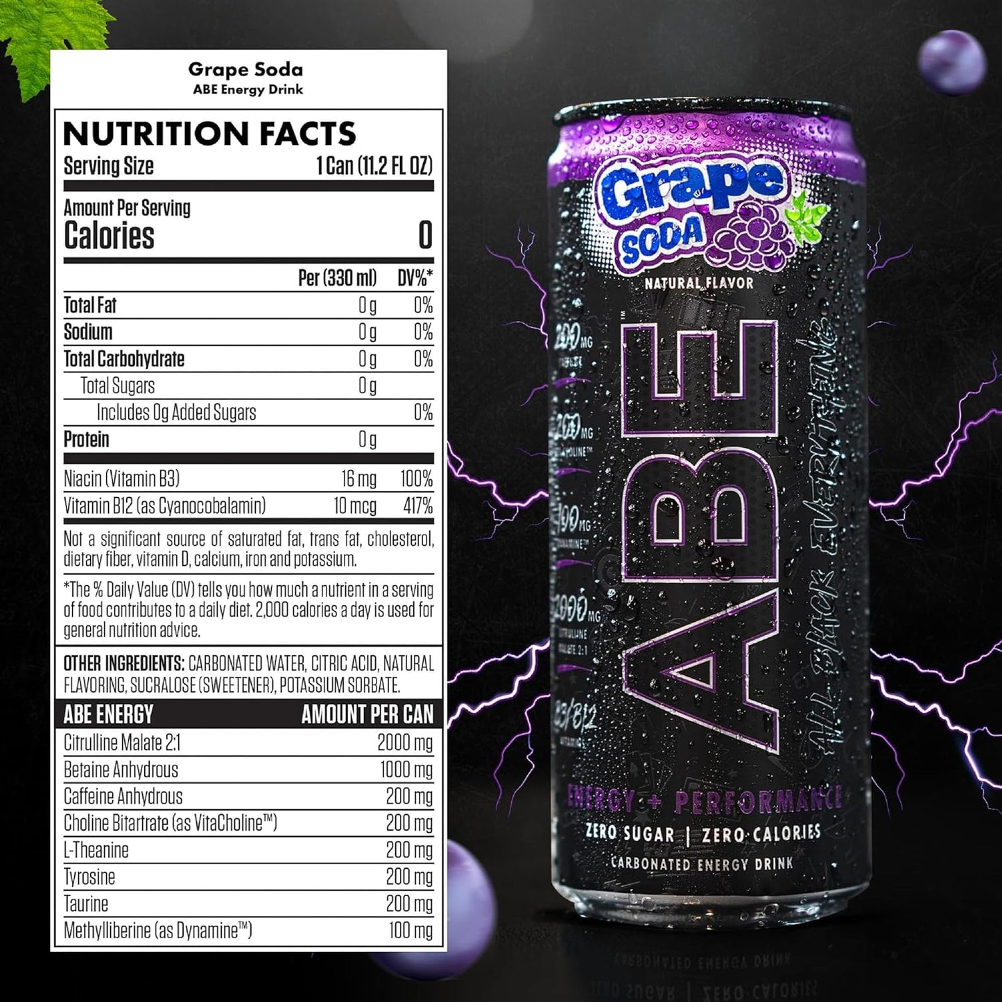 Black Everything Zero-Calorie Grape Energy Drink (12 Pack, 200mg Caffeine)