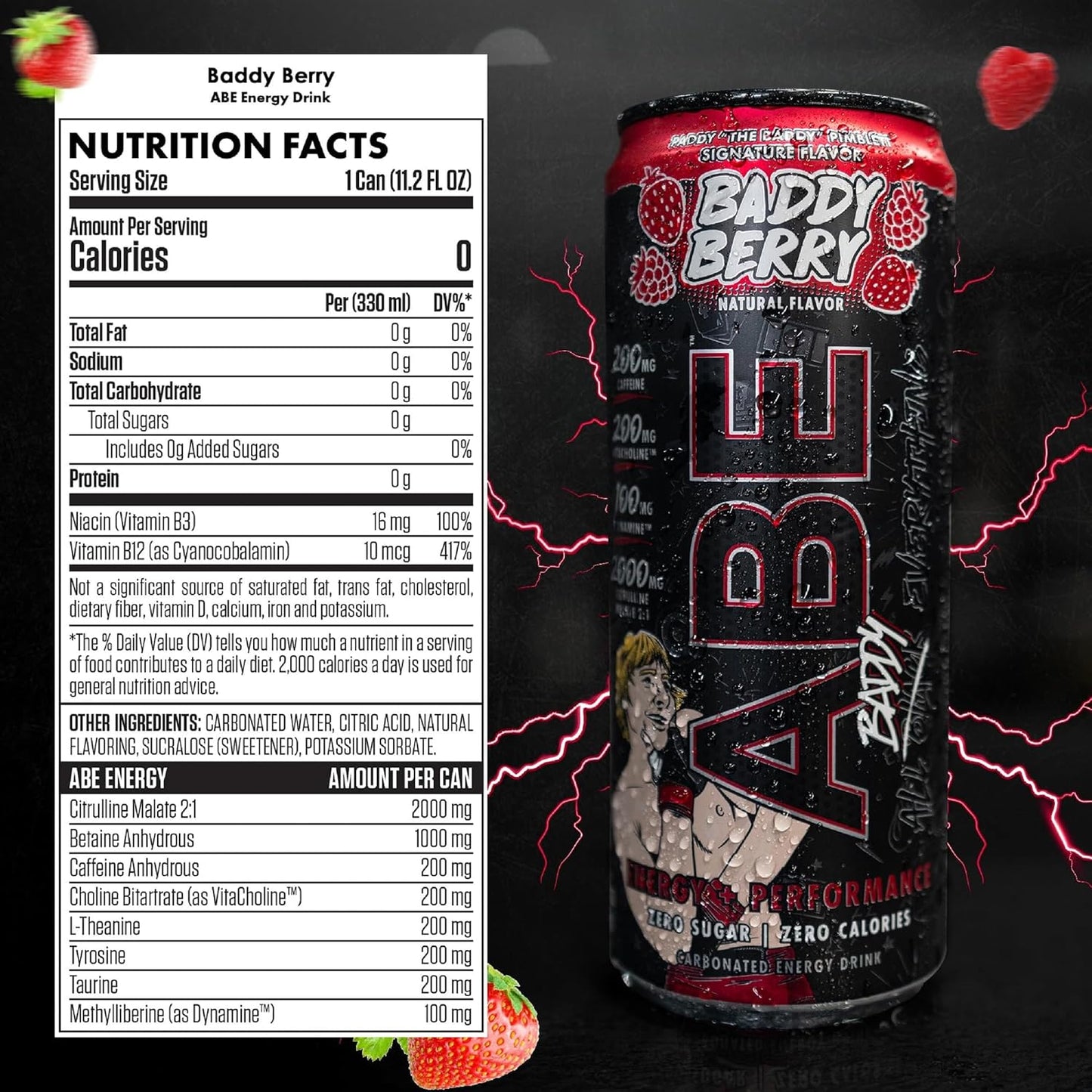 Baddy Berry Sugar-Free Energy Drink, 0 Cal, 200mg Caffeine, Pre-Workout (12 Pack)